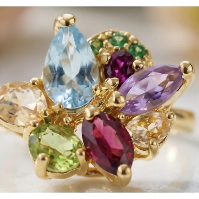 Summer - authentic 7.5 carat multigem 18K Gold .925 Sterling Silver Ring size 8 - Close-up of multigem 18K gold ring with various colored stones.