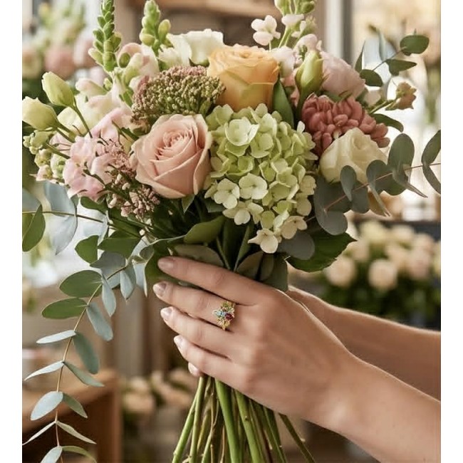 Summer - authentic 7.5 carat multigem 18K Gold .925 Sterling Silver Ring size 8 - Bouquet in hand featuring multigem ring on finger, close-up view.