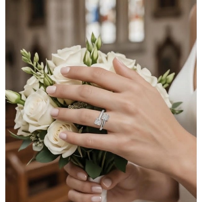Luxurious pave 1.5 carat White Topaz .925 Sterling Silver Solid Infinity ring size 7 - Ring worn on hand holding white roses, showcasing topaz and sterling silver.