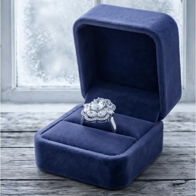 Ice Queen - 8.5 carat White Topaz .925 Sterling Silver Statement ring size 6 1/4 - Ice Queen ring in blue box, angled view, white topaz, sterling silver