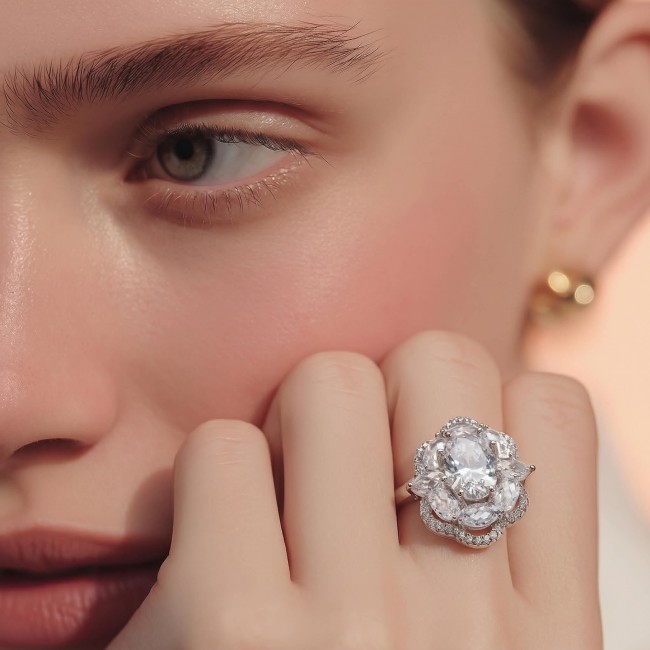 Ice Queen - 8.5 carat White Topaz .925 Sterling Silver Statement ring size 6 1/4 - White Topaz ring on hand, close-up view, 8.5 carat, .925 Sterling Silver.