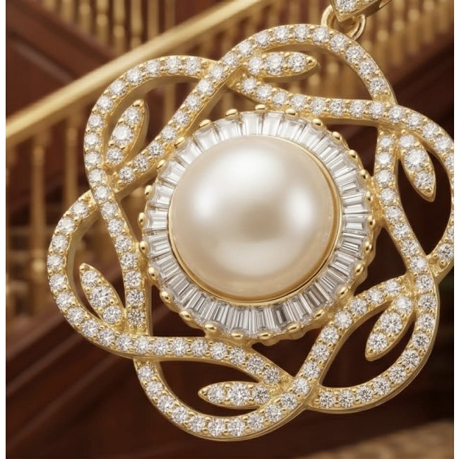 Sublime natural Pearl White Sapphire 18K Gold over .925 Sterling Silver handcrafted Earrings - Close-up of pearl and sapphire pendant in gold setting.