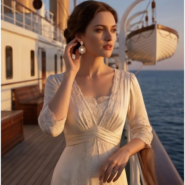 Sublime natural Pearl White Sapphire 18K Gold over .925 Sterling Silver handcrafted Earrings - Woman wearing Pearl White Sapphire earrings on a cruise ship deck.