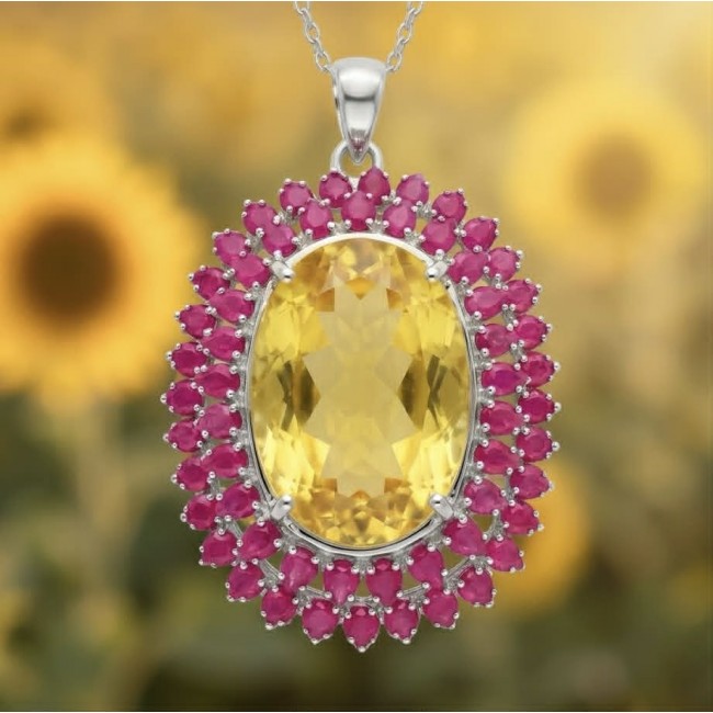 Large Beauty genuine 32.5 carat Lemon Quartz Ruby .925 Sterling Silver handmade Pendant - Close-up of lemon quartz and ruby pendant against sunflower background