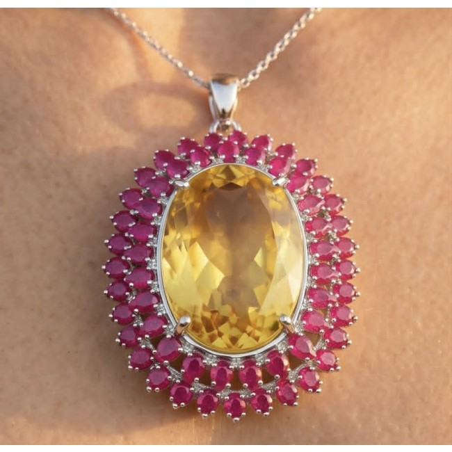 Large Beauty genuine 32.5 carat Lemon Quartz Ruby .925 Sterling Silver handmade Pendant - Close-up of Lemon Quartz and Ruby necklace worn on neck