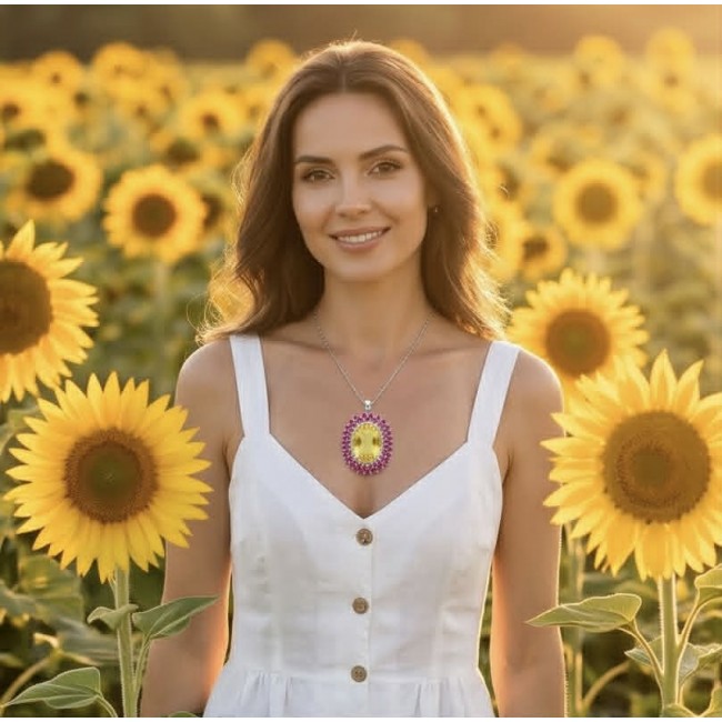 Large Beauty genuine 32.5 carat Lemon Quartz Ruby .925 Sterling Silver handmade Pendant - Woman wearing Lemon Quartz Ruby necklace in sunflower field.