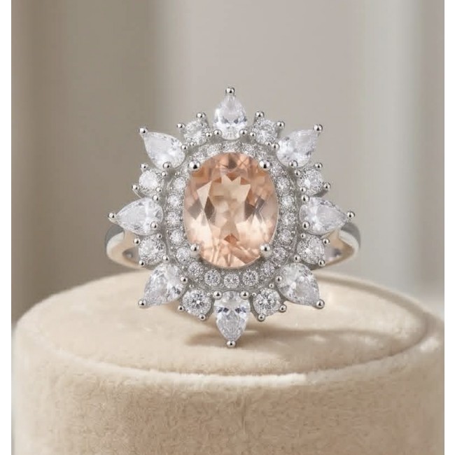 Isabella Authentic emerald cut 4.8 carat Morganite .925 Sterling Silver ring s. 7 1/4 - Morganite ring close-up, halo setting with teardrop accent stones.