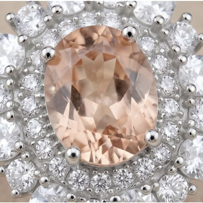 Isabella Authentic emerald cut 4.8 carat Morganite .925 Sterling Silver ring s. 7 1/4 - Close-up of Isabella emerald cut 4.8 carat morganite and .925 silver.