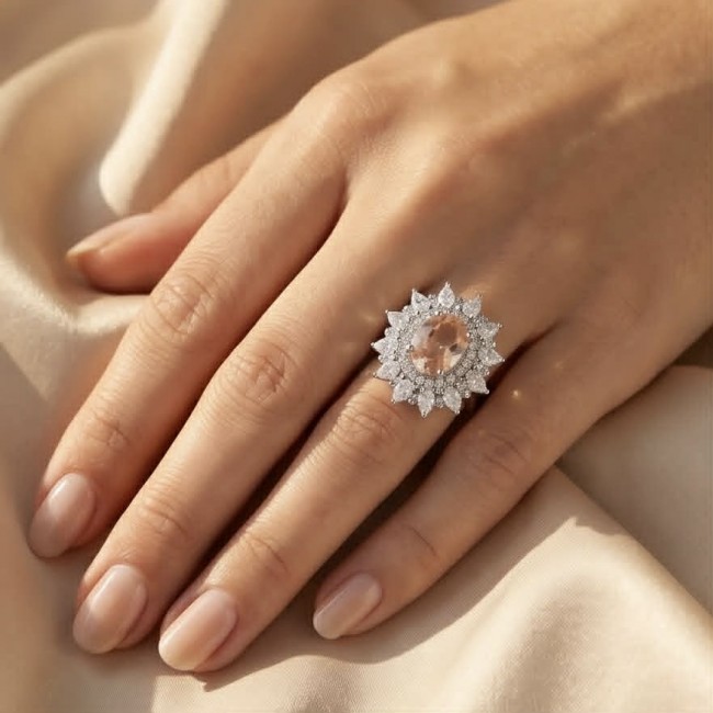 Isabella Authentic emerald cut 4.8 carat Morganite .925 Sterling Silver ring s. 7 1/4 - Morganite ring worn on hand, sunburst diamond halo setting.