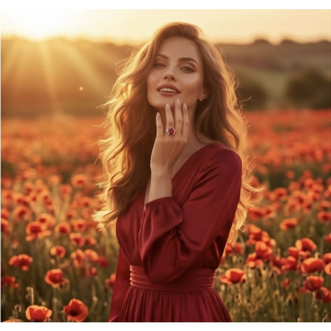 Carmen Natural 12.4 carat Ruby .925 Sterling Silver dipped in Rhodium handmade Statement Ring size 5 1/4 - Woman in red dress wearing Carmen 12.4 ct Ruby ring in field at sunset.