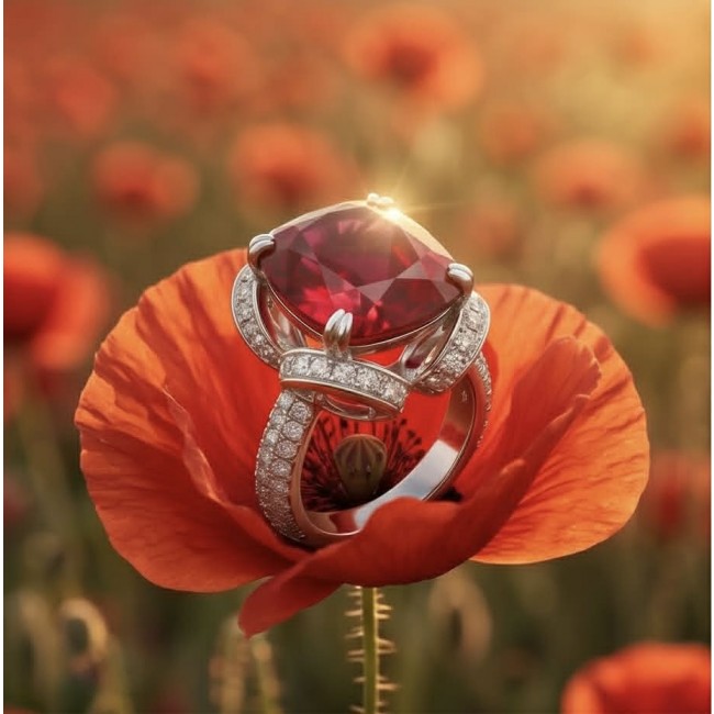 Carmen Natural 12.4 carat Ruby .925 Sterling Silver dipped in Rhodium handmade Statement Ring size 5 1/4 - Close-up of Carmen Ruby ring in poppy flower, sterling silver setting.