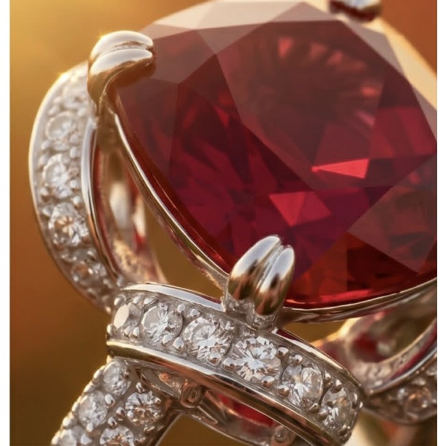 Carmen Natural 12.4 carat Ruby .925 Sterling Silver dipped in Rhodium handmade Statement Ring size 5 1/4 - Close-up of Carmen 12.4 carat ruby in sterling silver with diamond accents.