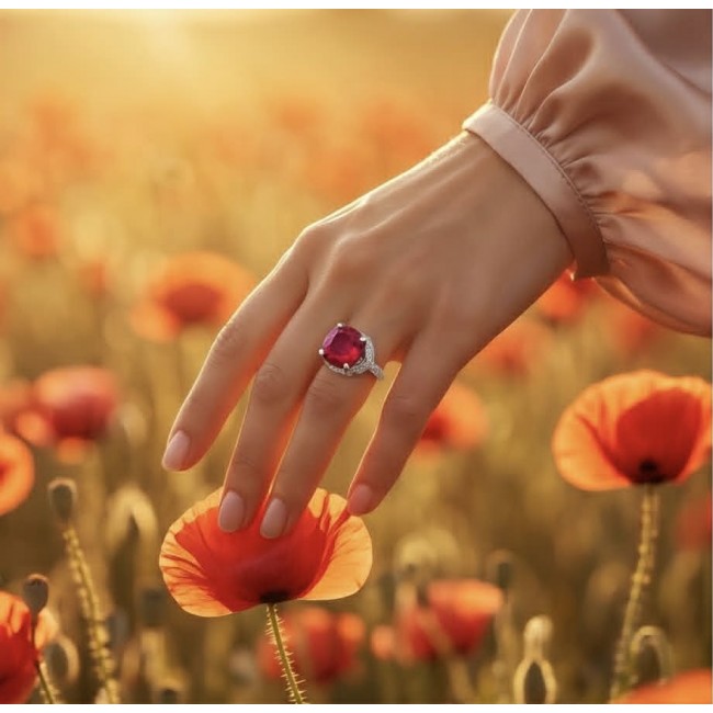 Carmen Natural 12.4 carat Ruby .925 Sterling Silver dipped in Rhodium handmade Statement Ring size 5 1/4 - Ruby ring on hand in poppy field, showcasing stone and silver setting.