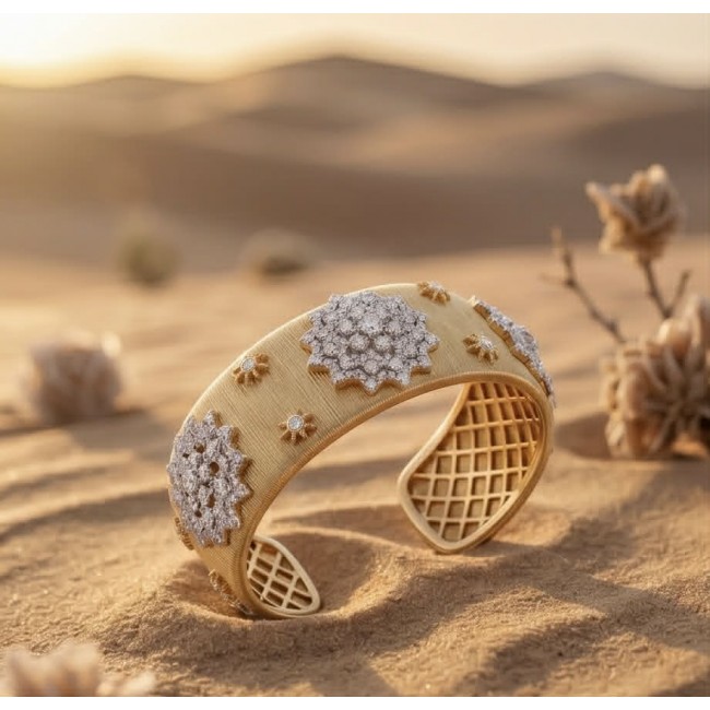 Spectacular authentic 10.8 carat White Topaz 14K Gold over .925 Sterling Silver handmade cuff Bracelet - Gold cuff with white topaz in desert setting, side view.