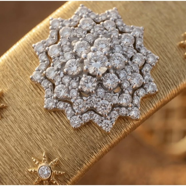 Spectacular authentic 10.8 carat White Topaz 14K Gold over .925 Sterling Silver handmade cuff Bracelet - Close-up of intricate diamond cluster on gold jewelry.