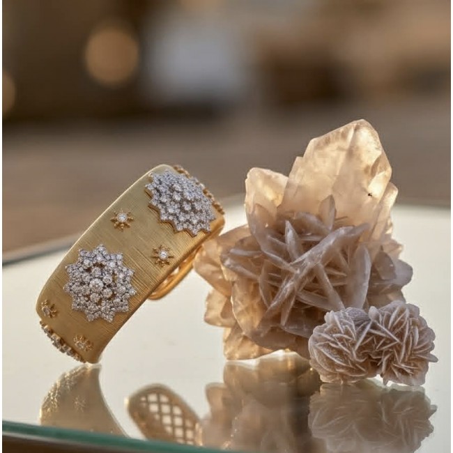Spectacular authentic 10.8 carat White Topaz 14K Gold over .925 Sterling Silver handmade cuff Bracelet - Gold bracelet with diamond patterns beside rose quartz crystals.