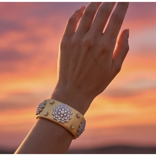 Spectacular authentic 10.8 carat White Topaz 14K Gold over .925 Sterling Silver handmade cuff Bracelet - Hand wearing 14K gold bracelet with white topaz, sunset background