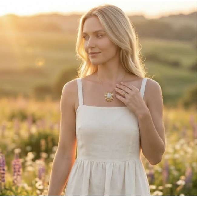 Earth Treasure Authentic 16.8 carat Golden Ethiopian Opal 22K Gold over .925 Sterling Silver handcrafted Statament Necklace - Woman wearing Earth Treasure Golden Ethiopian Opal necklace in sunlight.