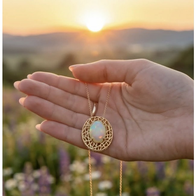 Earth Treasure Authentic 16.8 carat Golden Ethiopian Opal 22K Gold over .925 Sterling Silver handcrafted Statament Necklace - Hand holding Ethiopian opal pendant at sunset, front view.
