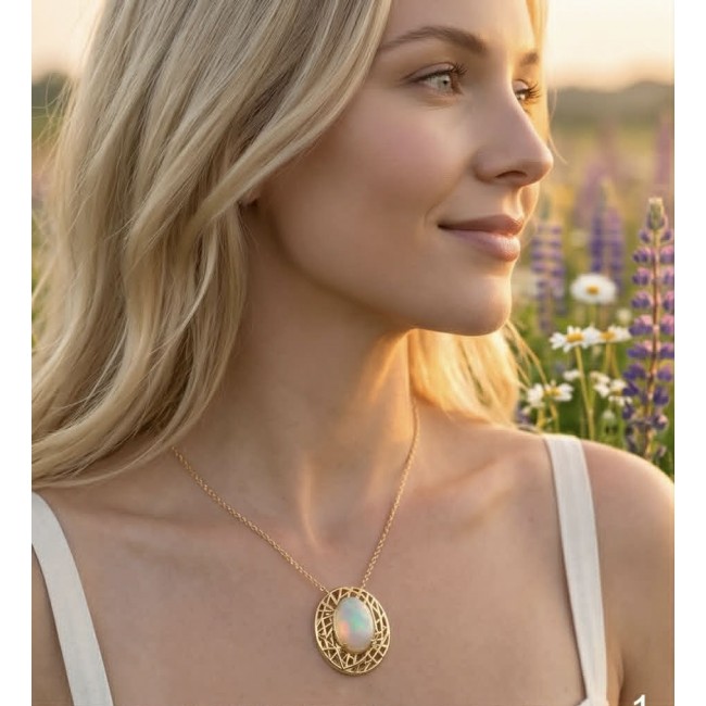 Earth Treasure Authentic 16.8 carat Golden Ethiopian Opal 22K Gold over .925 Sterling Silver handcrafted Statament Necklace - Side view of Earth Treasure 16.8 carat Opal necklace worn in a field.