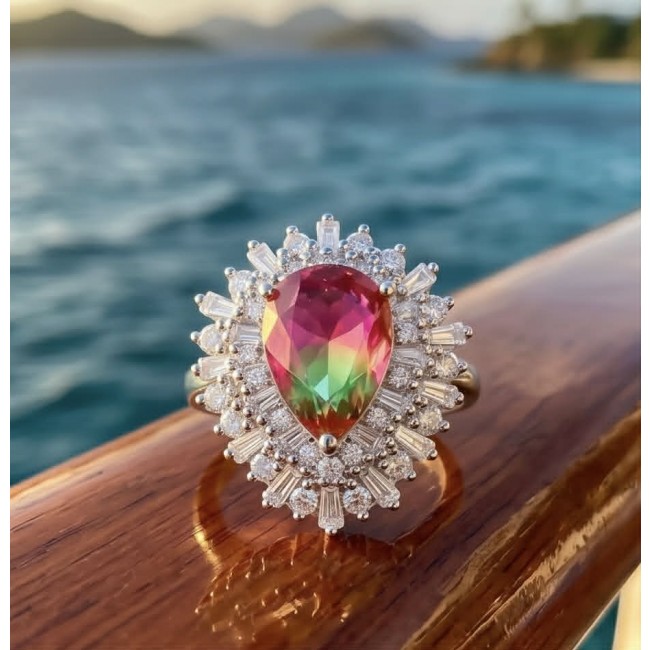 Isabella 8.7 carat pearl cut Brazilian Pink Tourmaline .925 Sterling Silver Perfectly handcrafted Statement Ring size 7 - Close-up of Isabella 8.7 carat pink tourmaline ring by the sea.