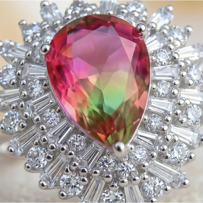 Isabella 8.7 carat pearl cut Brazilian Pink Tourmaline .925 Sterling Silver Perfectly handcrafted Statement Ring size 7 - Close-up of Isabella 8.7 carat pink tourmaline ring with diamond accents.