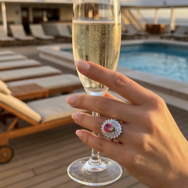 Isabella 8.7 carat pearl cut Brazilian Pink Tourmaline .925 Sterling Silver Perfectly handcrafted Statement Ring size 7 - Hand wearing Isabella pink tourmaline ring holding champagne glass.