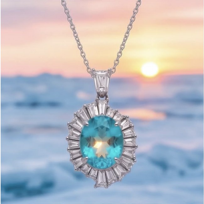 Wonderland 10.2 carat fancy oval cut Paraiba Tourmaline .925 Sterling Silver Handcrafted Statement necklace - Close-up of Wonderland 10.2 carat Paraiba Tourmaline pendant at sunset.