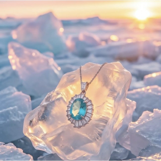 Wonderland 10.2 carat fancy oval cut Paraiba Tourmaline .925 Sterling Silver Handcrafted Statement necklace - Paraiba Tourmaline pendant on ice, close-up with sunset background.