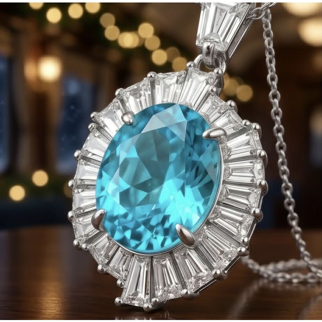 Wonderland 10.2 carat fancy oval cut Paraiba Tourmaline .925 Sterling Silver Handcrafted Statement necklace - Close-up of Wonderland 10.2 carat oval Paraiba Tourmaline necklace