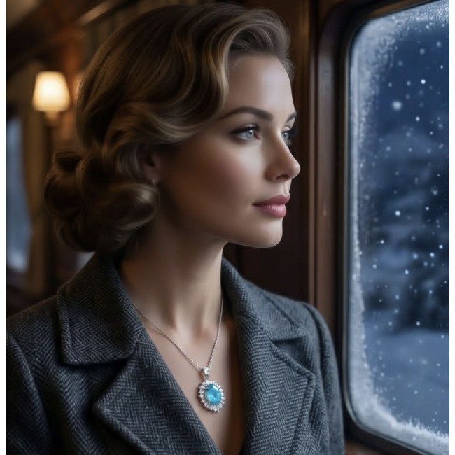 Wonderland 10.2 carat fancy oval cut Paraiba Tourmaline .925 Sterling Silver Handcrafted Statement necklace - Woman wearing Wonder 10.2ct Paraiba Tourmaline necklace, side view