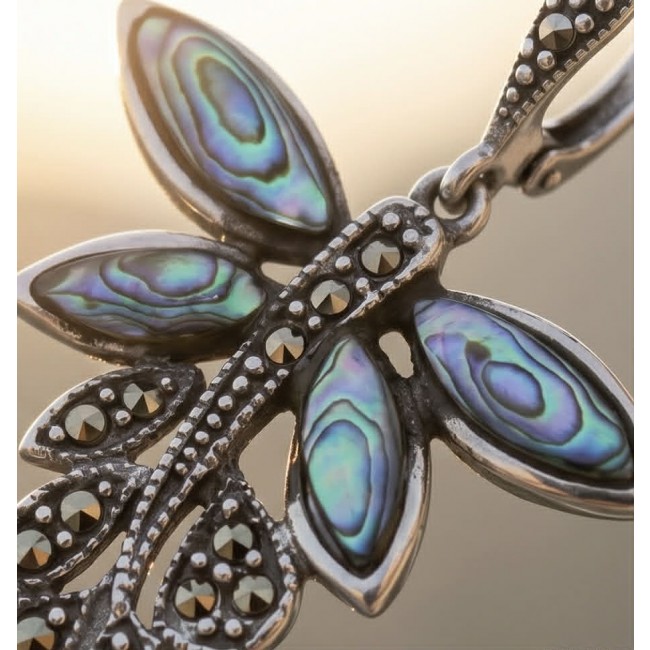 Blue Butterfly Genuine Rainbow Abalone .925 Sterling Silver handcrafted Statement Earrings - Close-up of abalone and silver butterfly jewelry pendant.