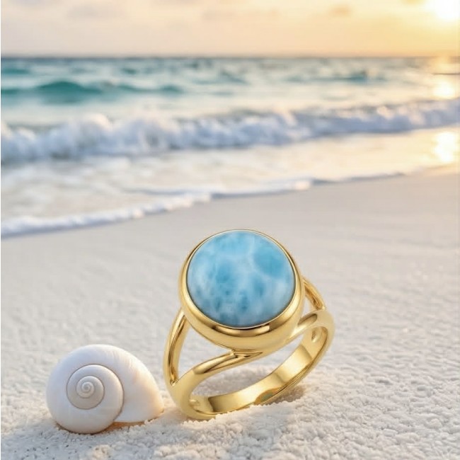 Perfection 8.9 carat Blue Larimar 18K Gold over .925 Sterling Silver handmade ring size 6 - Close-up of a blue larimar ring in gold on a beach background.