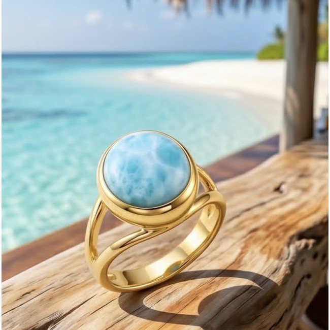 Perfection 8.9 carat Blue Larimar 18K Gold over .925 Sterling Silver handmade ring size 6 - Gold ring with blue larimar stone, beach background, side view