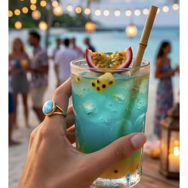 Perfection 8.9 carat Blue Larimar 18K Gold over .925 Sterling Silver handmade ring size 6 - Worn on hand, blue Larimar ring with drink in beach setting.