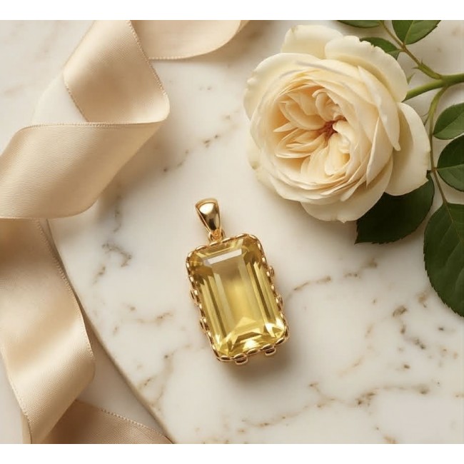 Emerald cut 10.3 carat Lemon Quartz 18K Gold over .925 Sterling Silver handcrafted pendant - Emerald cut Lemon Quartz pendant with rose and ribbon on marble surface