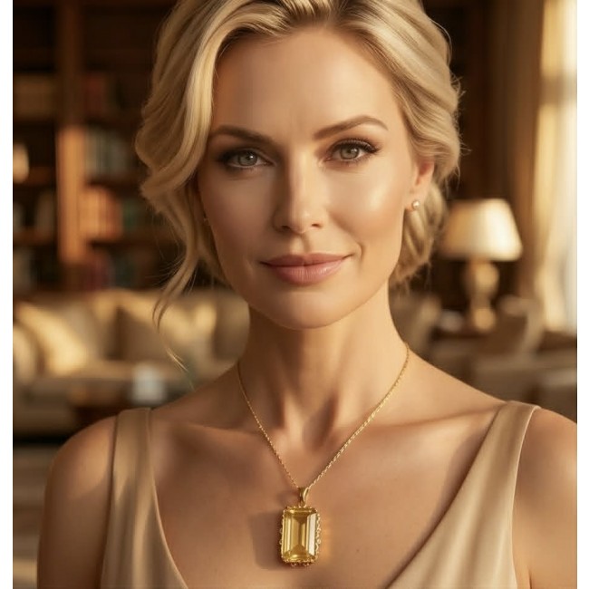 Emerald cut 10.3 carat Lemon Quartz 18K Gold over .925 Sterling Silver handcrafted pendant - Woman wearing emerald cut Lemon Quartz pendant in warm setting