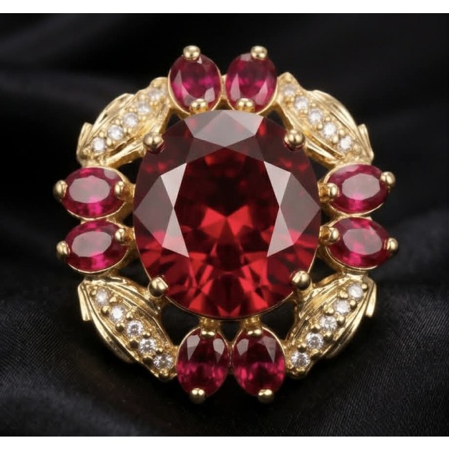 Crimson Fire Authentic 21.4 carat Garnet 18K Gold over .925 Sterling Silver brilliantly handcrafted Large Statement Ring size 7 - Close-up of Crimson Fire 21.4 ct garnet ring in 18K gold over .925 silver