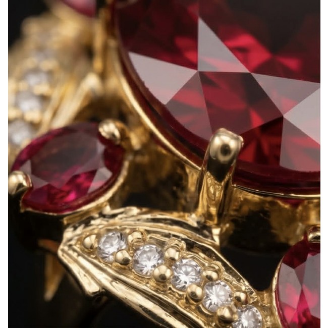 Crimson Fire Authentic 21.4 carat Garnet 18K Gold over .925 Sterling Silver brilliantly handcrafted Large Statement Ring size 7 - Close-up of garnet and diamond accents on gold setting.