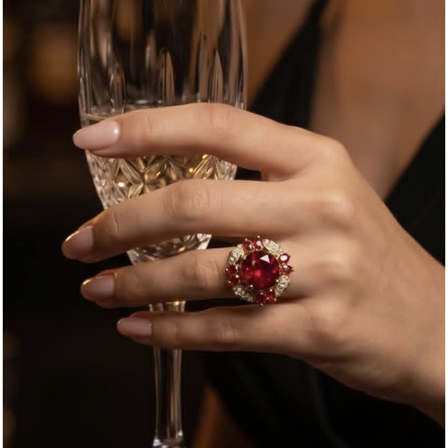 Crimson Fire Authentic 21.4 carat Garnet 18K Gold over .925 Sterling Silver brilliantly handcrafted Large Statement Ring size 7 - Worn on hand: Crimson Fire 21.4ct Garnet Ring in 18K Gold over .925 Silver