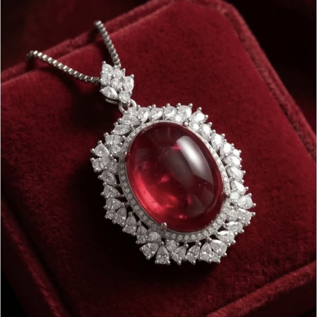 Luxurious 28.8 carat natural Ruby White Topaz .925 Sterling Silver .925 Sterling Silver Statement Necklace - Ruby and topaz pendant close-up on red background.