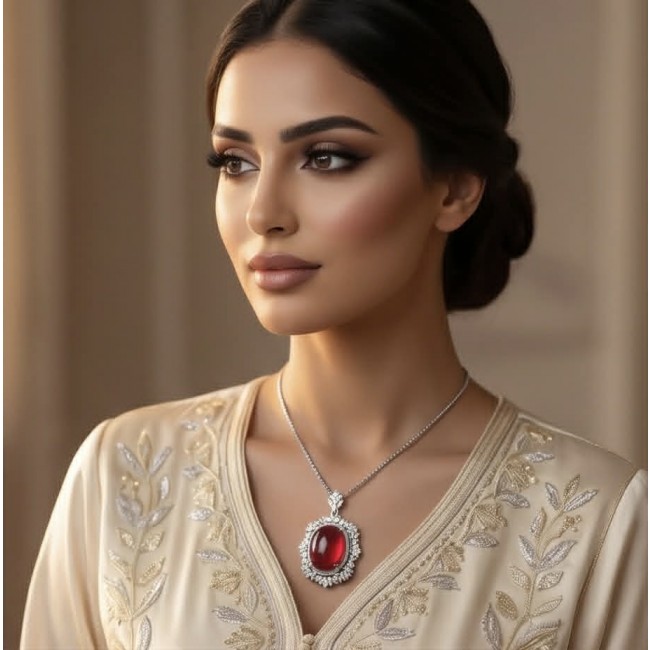 Luxurious 28.8 carat natural Ruby White Topaz .925 Sterling Silver .925 Sterling Silver Statement Necklace - Close-up of ruby and topaz necklace worn by a woman