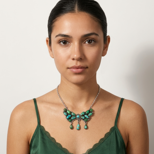Go West! Authentic Kingman Turquoise .925 Sterling Silver handmade Statement necklace; back covered with silver - Woman wearing Go West! Kingman Turquoise necklace, front view.