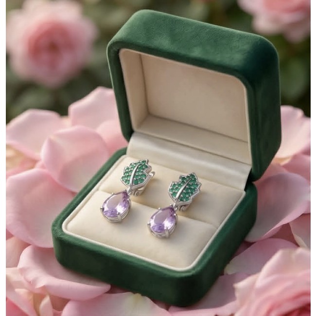 Marie Antoinette's Style - Authentic 28.9 carat COLOMBIAN EMERALD Amethyst .925 Sterling Silver dipped in rhodium handcrafted earrings - Emerald and amethyst earrings in a green velvet box, top view.