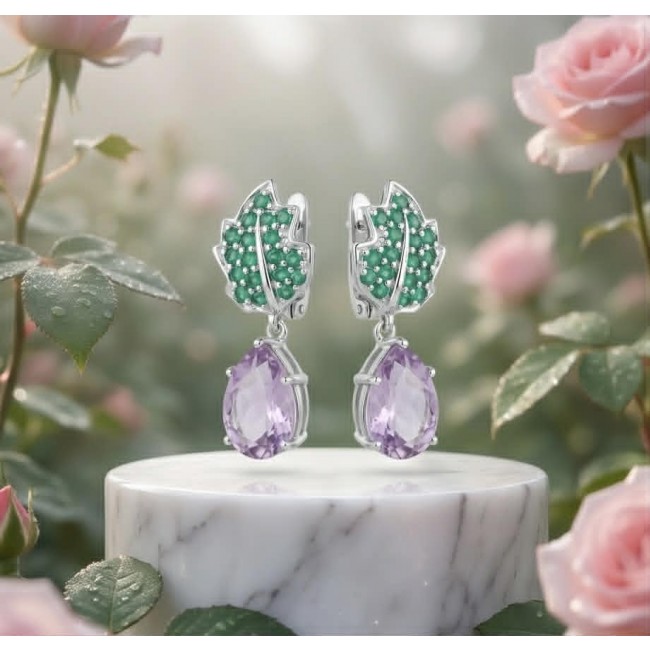 Marie Antoinette's Style - Authentic 28.9 carat COLOMBIAN EMERALD Amethyst .925 Sterling Silver dipped in rhodium handcrafted earrings - Front view of leaf earrings with green and purple stones.