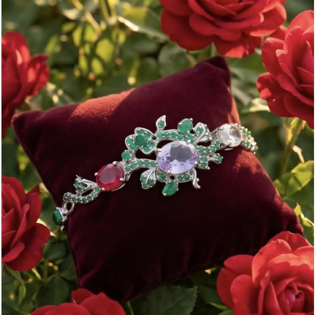 Marie Antoinette's Style - Authentic 65.9 carat COLOMBIAN EMERALD Amethyst .925 Sterling Silver dipped in rhodium handcrafted Bracelet - Bracelet on velvet with red roses; close-up view of gemstones and design.