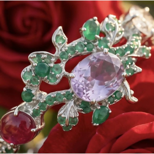 Marie Antoinette's Style - Authentic 65.9 carat COLOMBIAN EMERALD Amethyst .925 Sterling Silver dipped in rhodium handcrafted Bracelet - Close-up of gemstone jewelry with green and purple stones on roses.