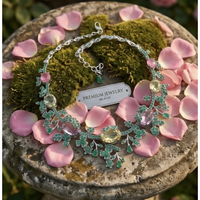 Marie Antoinette's Style - Authentic 155.9 carat COLOMBIAN EMERALD Amethyst .925 Sterling Silver dipped in rhodium handcrafted Statement necklace - Elegant necklace with gemstones on moss, surrounded by pink petals.