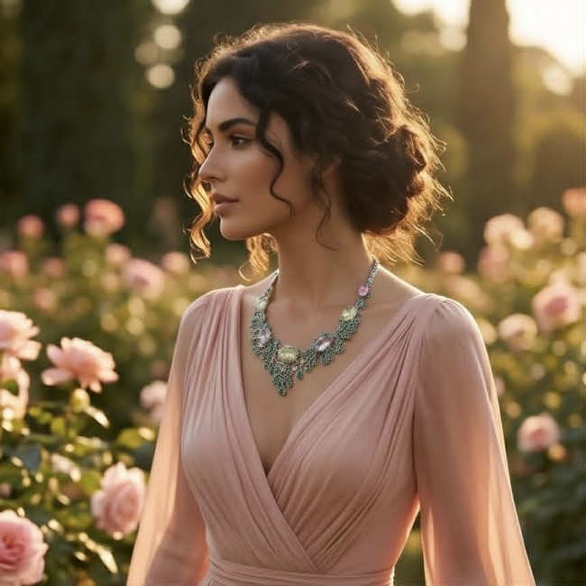 Marie Antoinette's Style - Authentic 155.9 carat COLOMBIAN EMERALD Amethyst .925 Sterling Silver dipped in rhodium handcrafted Statement necklace - Woman wearing necklace in garden, side view, Marie Antoinette's style