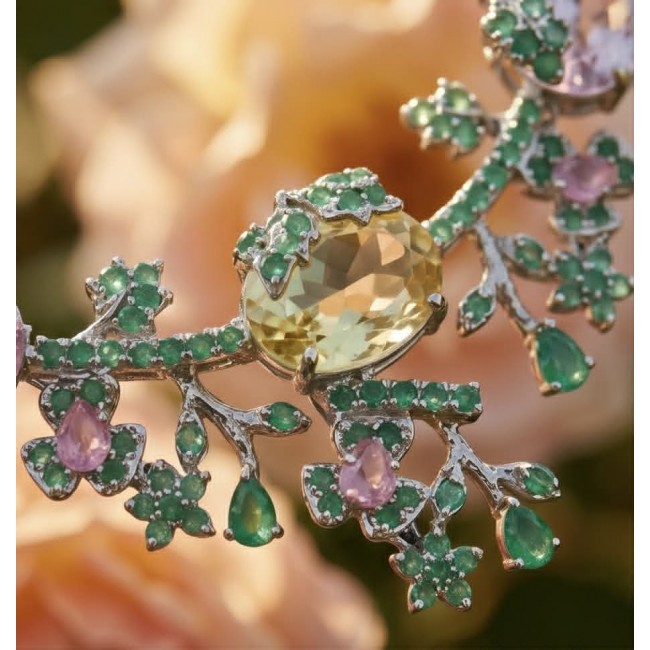 Marie Antoinette's Style - Authentic 155.9 carat COLOMBIAN EMERALD Amethyst .925 Sterling Silver dipped in rhodium handcrafted Statement necklace - Stone close-up of Marie Antoinette-style jewelry with green and pink gems